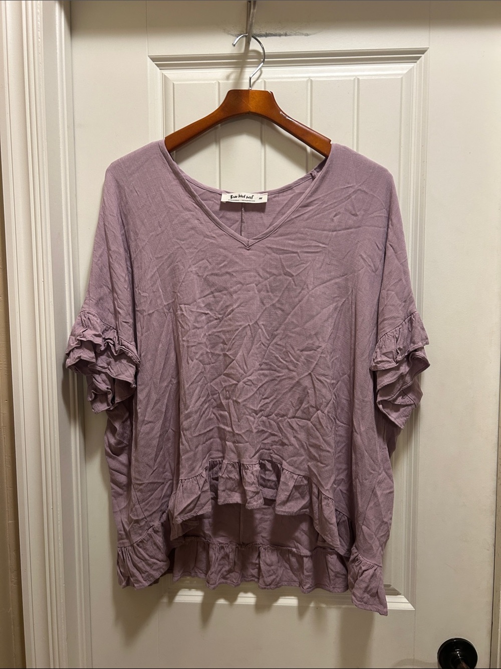 Three Bird Nest Lavender Ruffle Hem V-Neck shirts